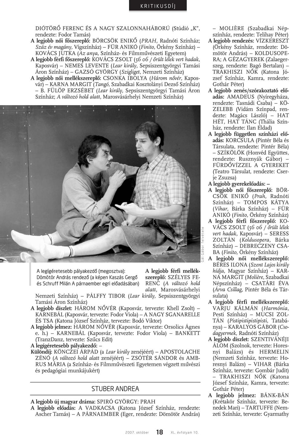 Sepsiszentgyörgyi Tamási Áron Színház) GAZSÓ GYÖRGY (Szigliget, Nemzeti Színház) A legjobb nôi mellékszereplô: CSONKA IBOLYA (Három nôvér, Kaposvár) KARNA MARGIT (Tangó, Szabadkai Kosztolányi Dezsô
