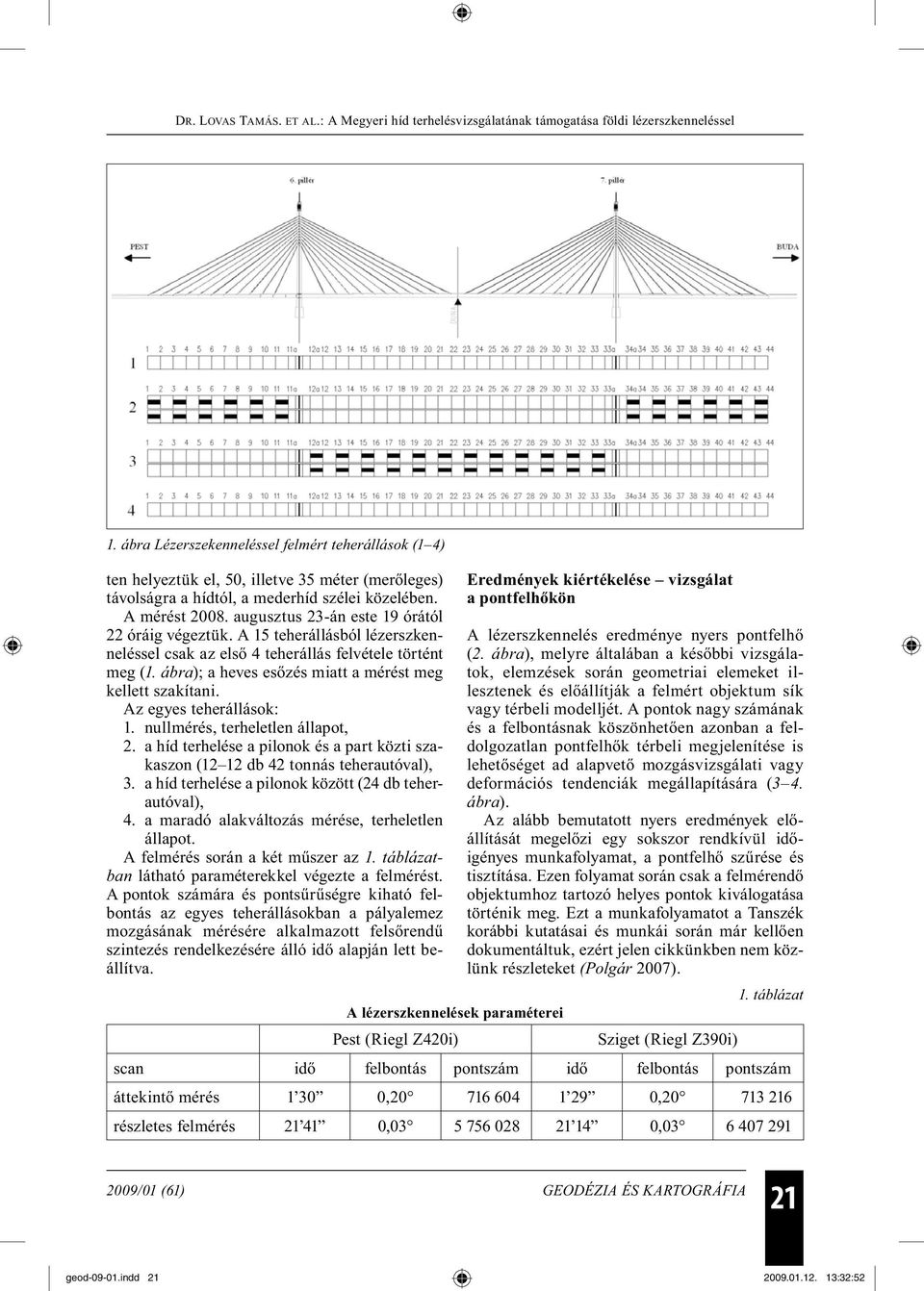 Az egyes teherállások: 1. nullmérés, terheletlen állapot, 2. a híd terhelése a pilonok és a part közti szakaszon (12 12 db 42 tonnás teherautóval), 3.