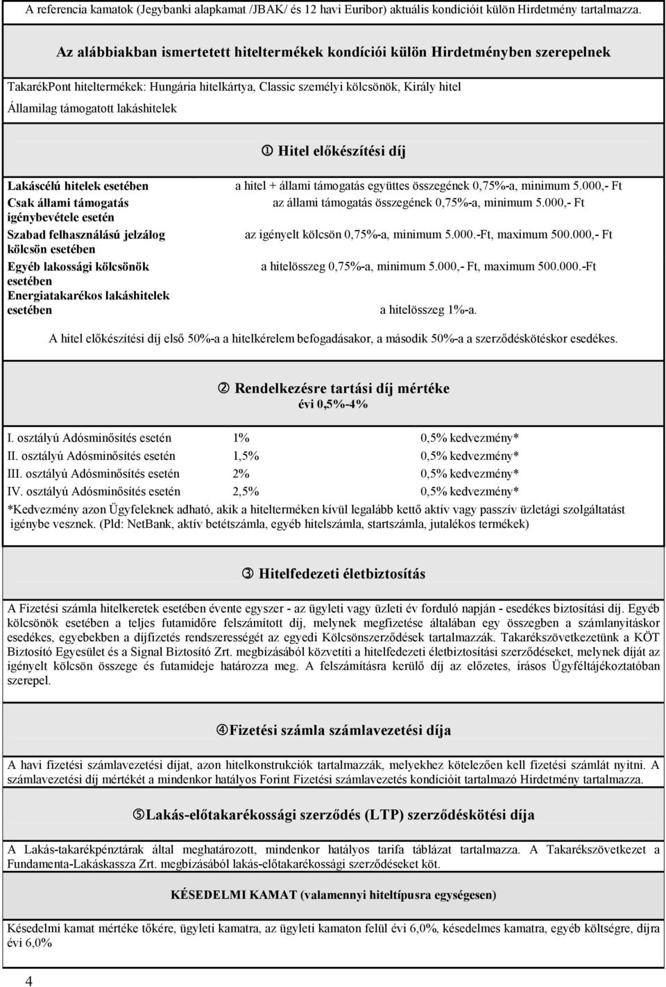 lakáshitelek 1 Hitel elıkészítési díj Lakáscélú hitelek esetében Csak állami támogatás igénybevétele esetén Szabad felhasználású jelzálog kölcsön esetében Egyéb lakossági kölcsönök esetében