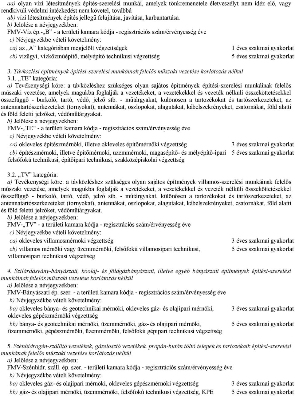 - B - a területi kamara kódja - regisztrációs szám/érvényesség éve ca) az A kategóriában megjelölt végzettségek 1 éves szakmai gyakorlat cb) vízügyi, vízközműépítő, mélyépítő technikusi végzettség 5