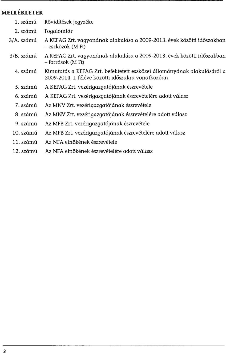 L féléve közötti időszakra vonatkozóan 5. számú A KEFAG Zrt. vezérigazgatójának észrevétele 6. szám ú A KEFAG Zrt. vezérigazgatójának észrevételére adott válasz 7. számú Az MNV Zrt.