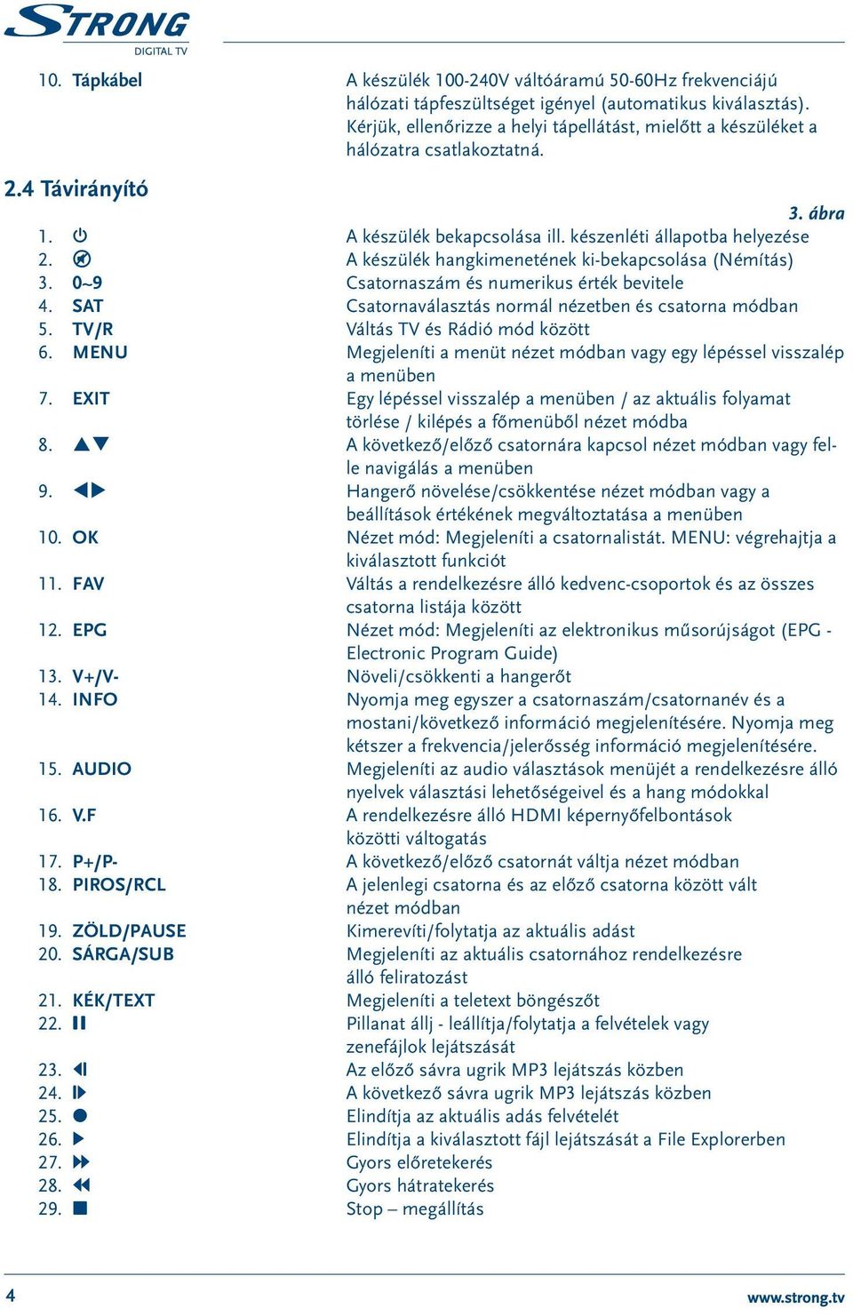 ! A készülék hangkimenetének ki-bekapcsolása (Némítás) 3. 0~9 Csatornaszám és numerikus érték bevitele 4. SAT Csatornaválasztás normál nézetben és csatorna módban 5.