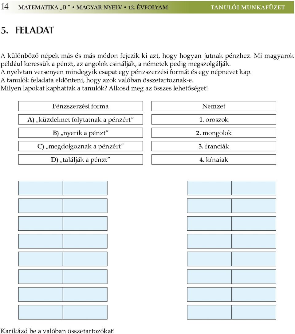 A nyelvtan versenyen mindegyik csapat egy pénzszerzési formát és egy népnevet kap. A tanulók feladata eldönteni, hogy azok valóban összetartoznak-e.