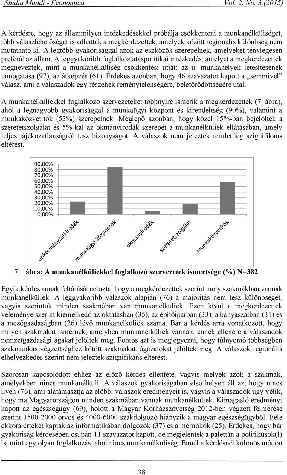 A leggyakoribb foglalkoztatáspolitikai intézkedés, amelyet a megkérdezettek megneveztek, mint a munkanélküliség csökkentési útját: az új munkahelyek létesítésének támogatása (97), az átképzés (61).