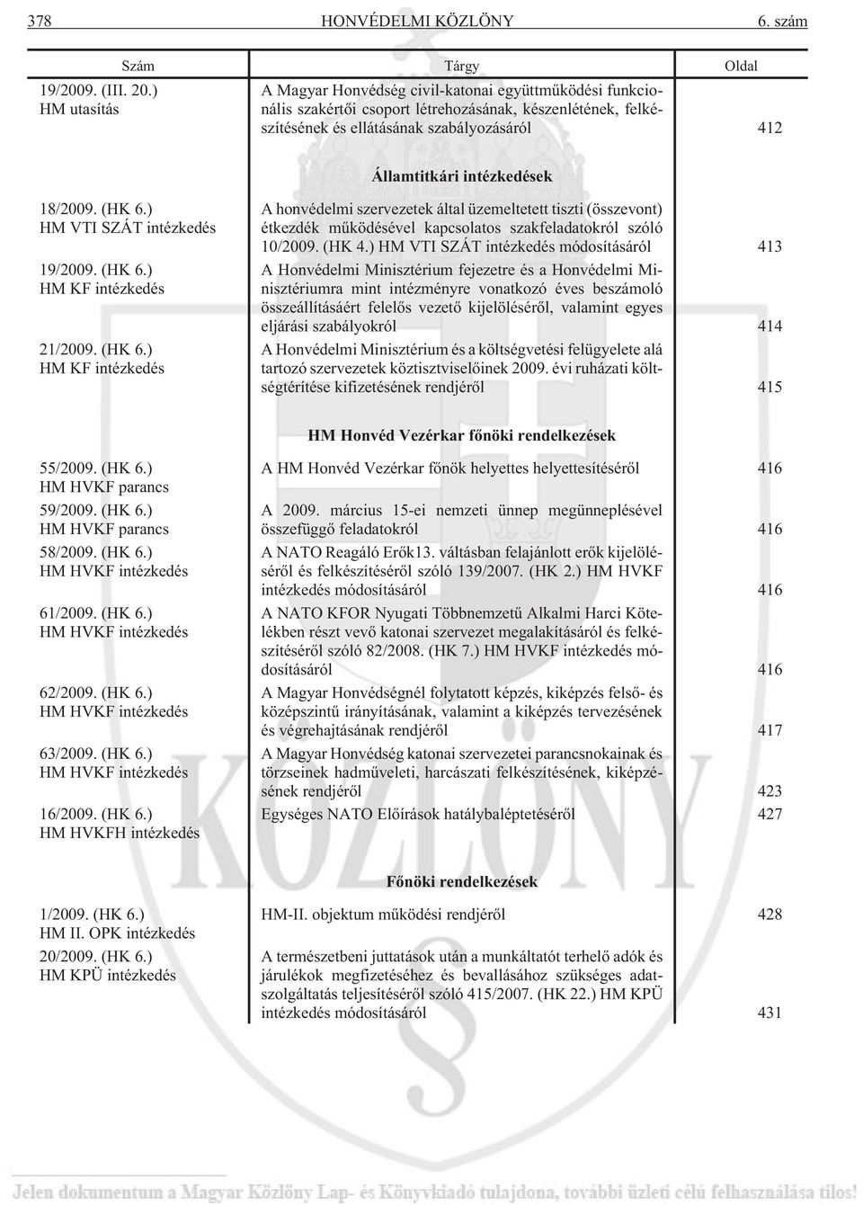 intézkedések 18/2009. (HK 6.) HM VTI SZÁT intézkedés 19/2009. (HK 6.) HM KF intézkedés 21/2009. (HK 6.) HM KF intézkedés A honvédelmi szervezetek által üzemeltetett tiszti (összevont) étkezdék mûködésével kapcsolatos szakfeladatokról szóló 10/2009.