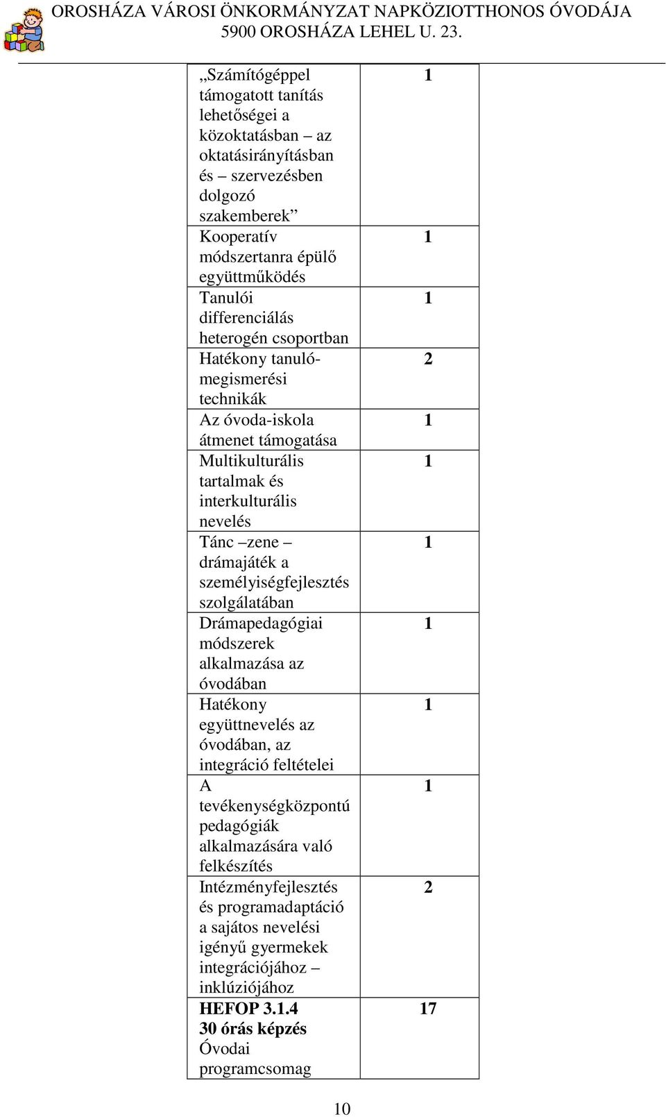 személyiségfejlesztés szolgálatában Drámapedagógiai módszerek alkalmazása az óvodában Hatékony együttnevelés az óvodában, az integráció feltételei A tevékenységközpontú pedagógiák