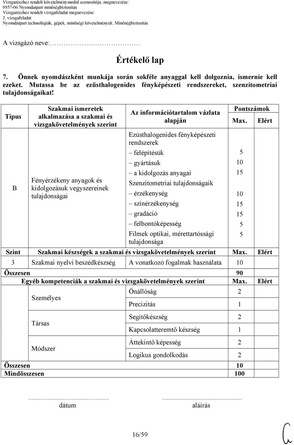 Típus B Szakmai ismeretek alkalmazása a szakmai és vizsgakövetelmények szerint Fényérzékeny anyagok és kidolgozásuk vegyszereinek tulajdonságai Az információtartalom vázlata alapján Ezüsthalogenides