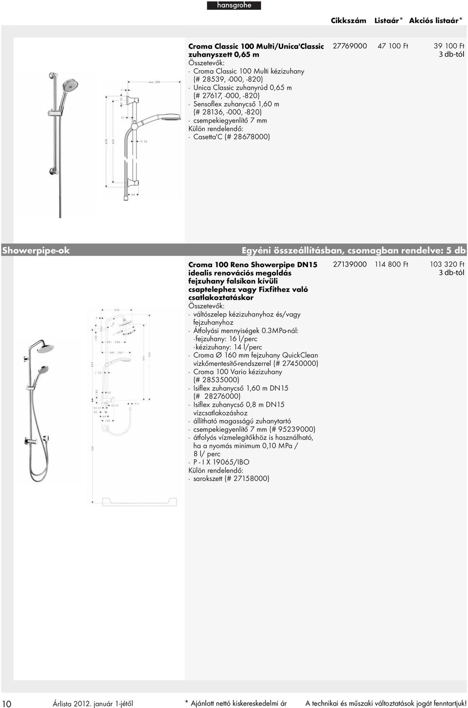 100 Reno Showerpipe DN15 idealis renovációs megoldás fejzuhany falsíkon kívüli csaptelephez vagy Fixfithez való csatlakoztatáskor váltószelep kézizuhanyhoz és/vagy fejzuhanyhoz Átfolyási mennyiségek