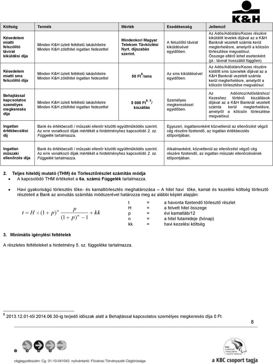 Az Adós/Adóstárs/Kezes részére kiküldött levelek díjával az a K&H Banknál vezetett számla kerül megterhelésre, amelyről a kölcsön törlesztése megvalósul. Összege eltérő lehet esetenként (pl.