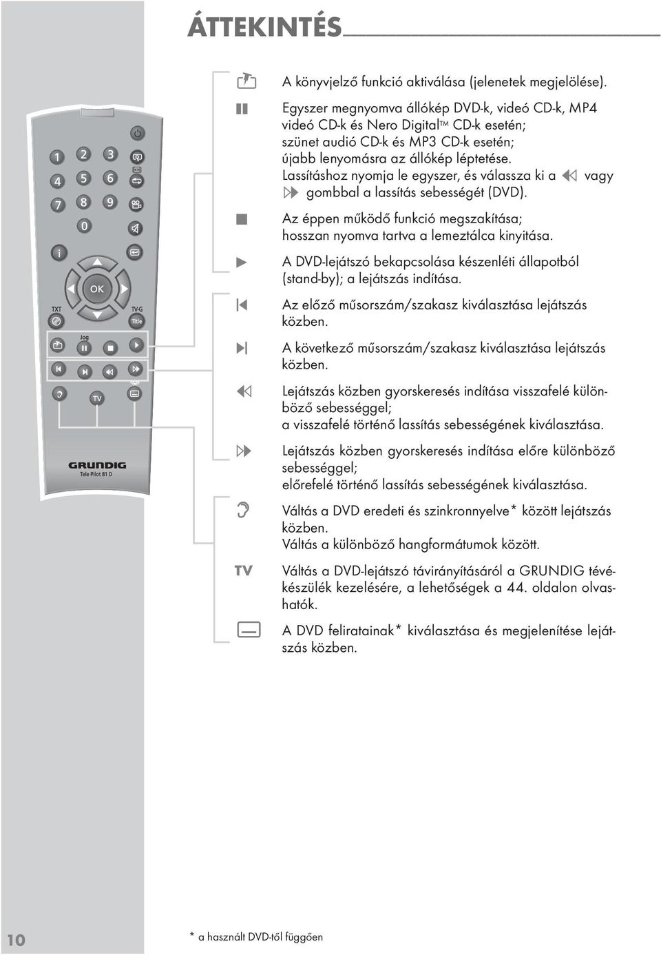 Lassításhoz nyomja le egyszer, és válassza ki a m vagy, gombbal a lassítás sebességét (DVD). 7 Az éppen működő funkció megszakítása; hosszan nyomva tartva a lemeztálca kinyitása.