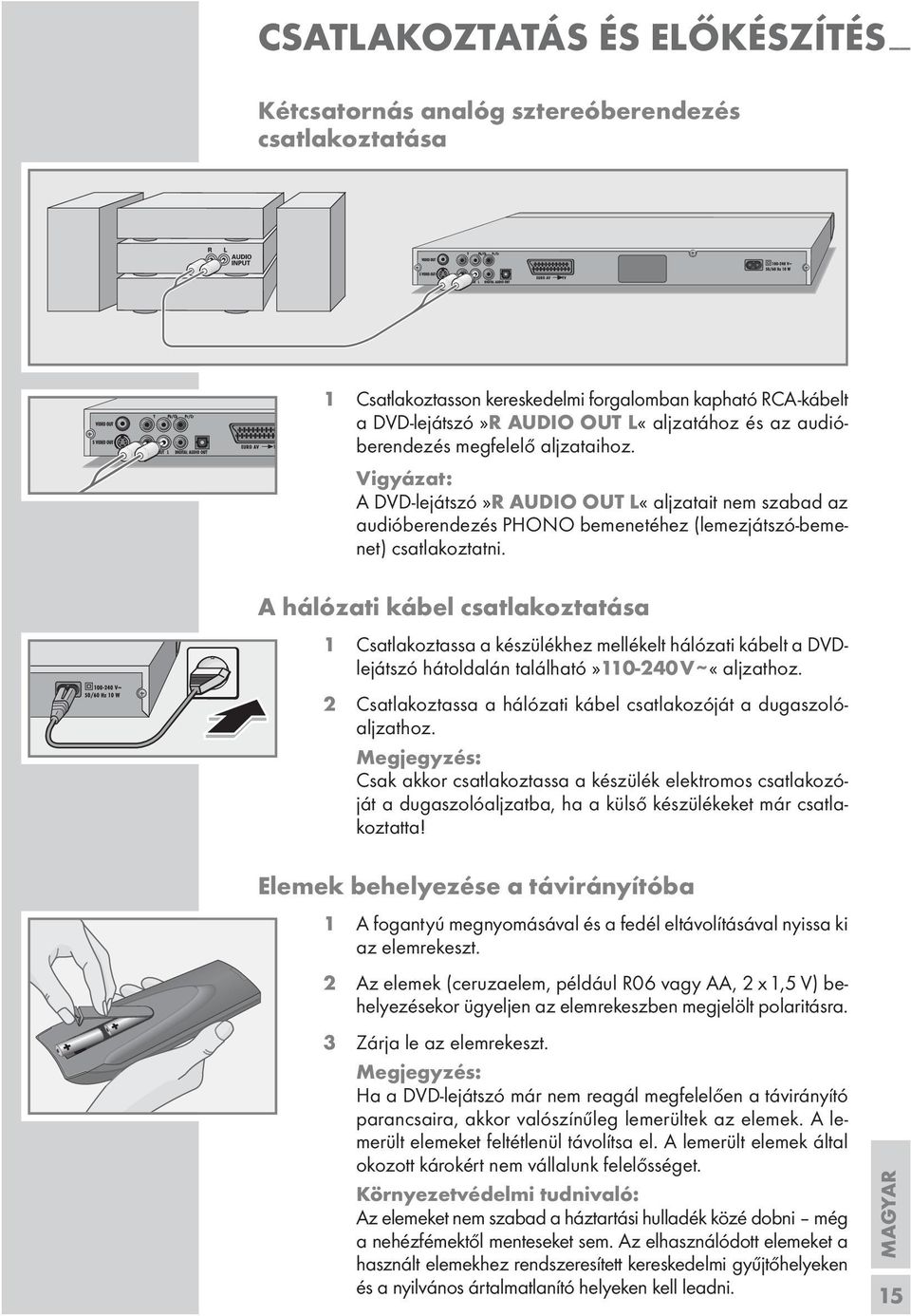 A hálózati kábel csatlakoztatása 1 Csatlakoztassa a készülékhez mellékelt hálózati kábelt a DVDlejátszó hátoldalán található»110-240v ~ «aljzathoz.