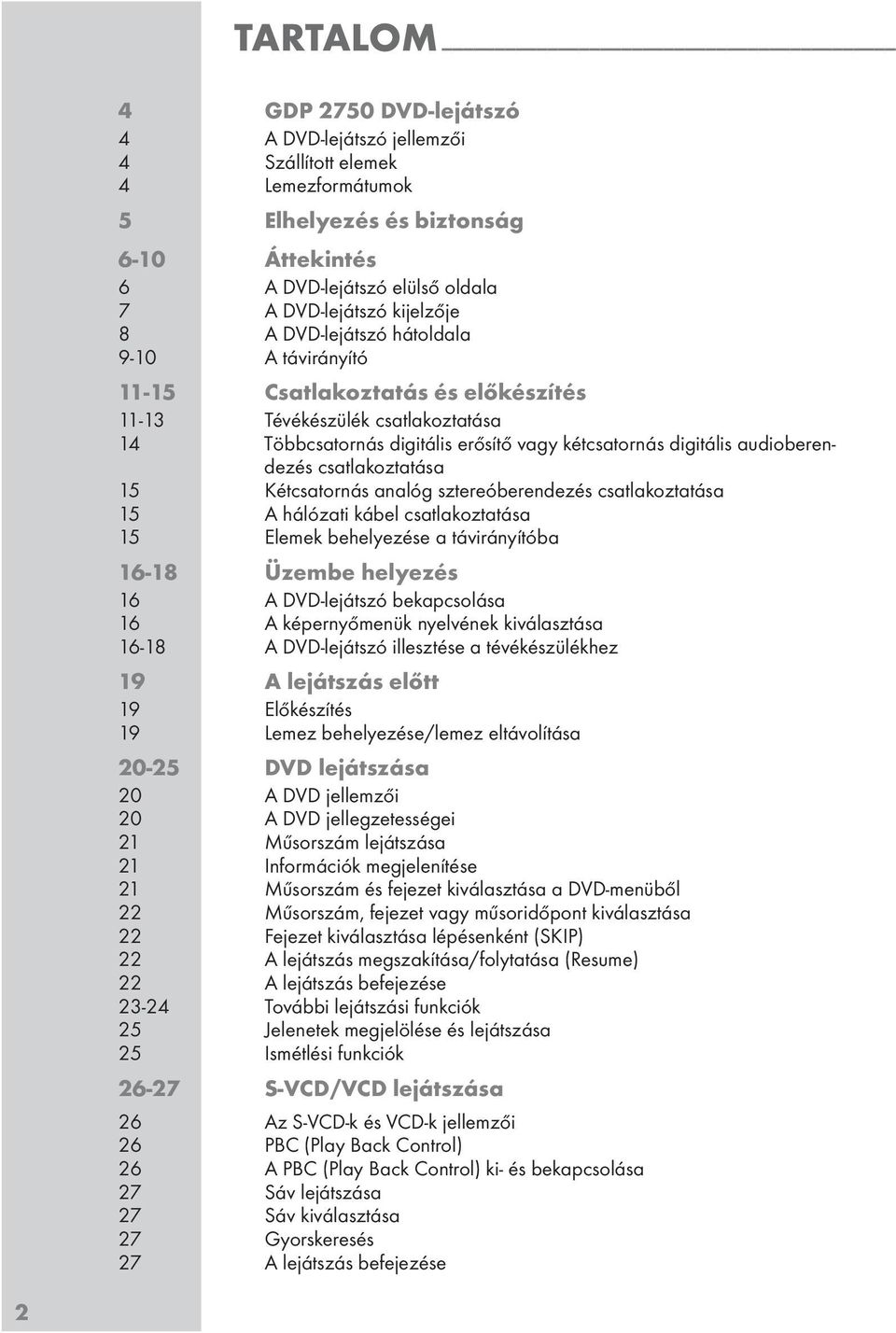 csatlakoztatása 15 Kétcsatornás analóg sztereóberendezés csatlakoztatása 15 A hálózati kábel csatlakoztatása 15 Elemek behelyezése a távirányítóba 16-18 Üzembe helyezés 16 A DVD-lejátszó bekapcsolása