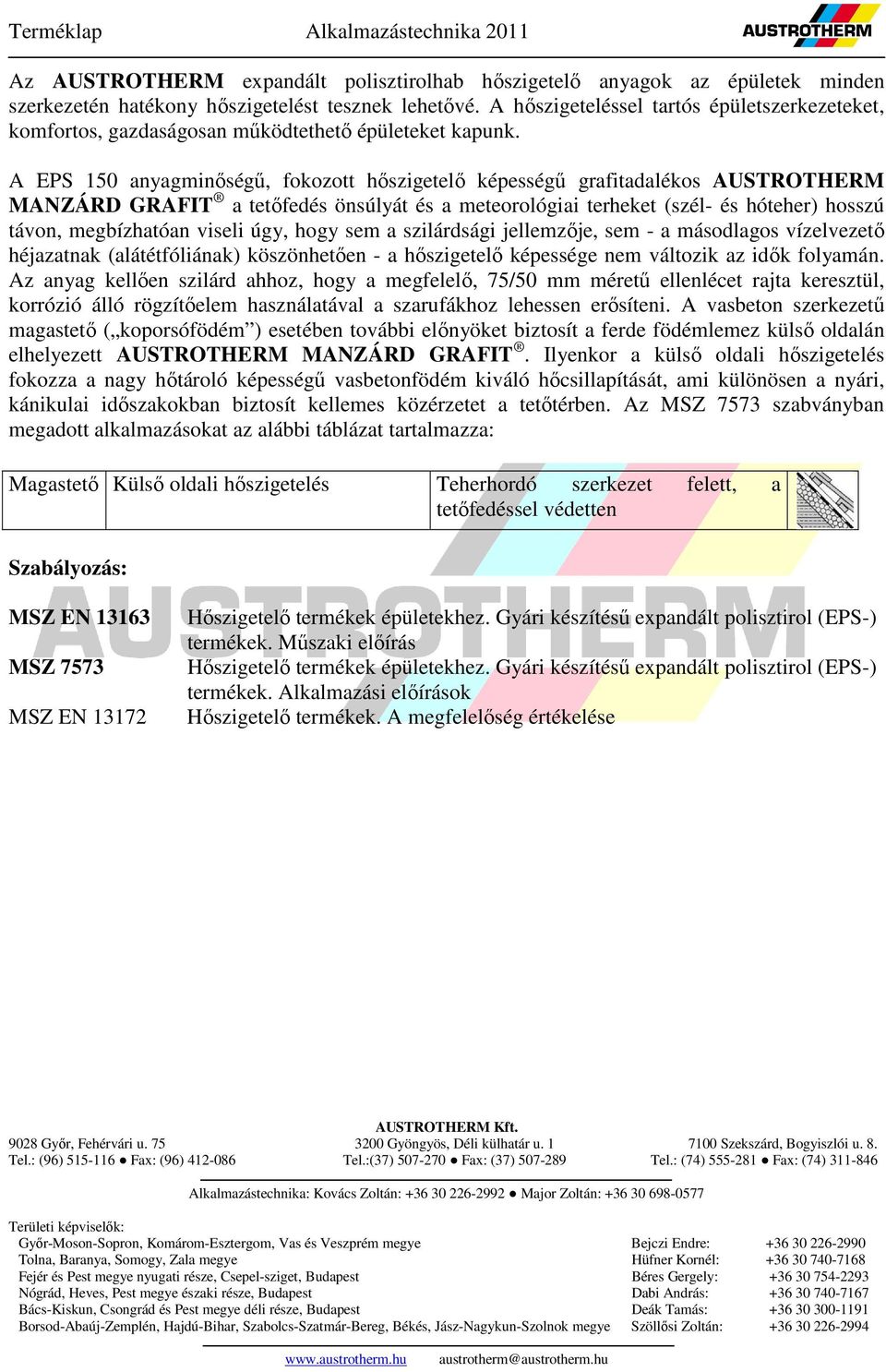 A EPS 150 anyagminıségő, fokozott hıszigetelı képességő grafitadalékos AUSTROTHERM MANZÁRD GRAFIT a tetıfedés önsúlyát és a meteorológiai terheket (szél- és hóteher) hosszú távon, megbízhatóan viseli