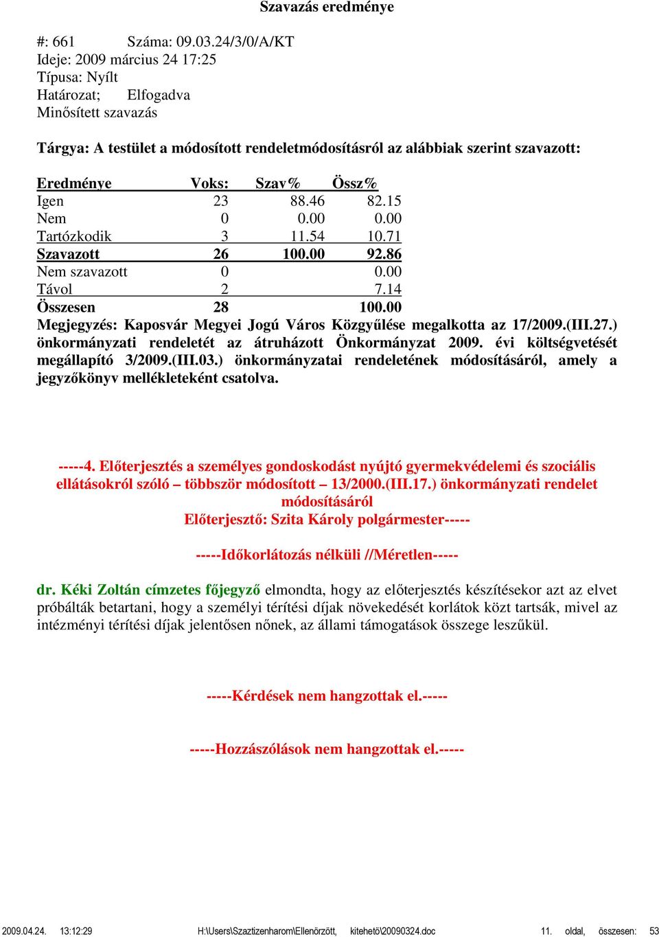 Eredménye Voks: Szav% Össz% Igen 23 88.46 82.15 Nem 0 0.00 0.00 Tartózkodik 3 11.54 10.71 Szavazott 26 100.00 92.86 Nem szavazott 0 0.00 Távol 2 7.14 Összesen 28 100.