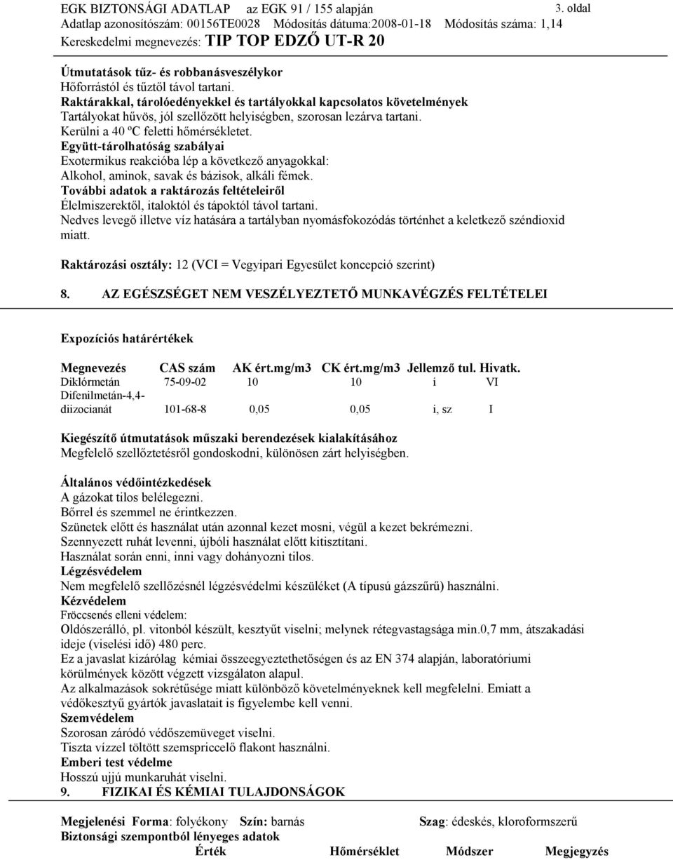 Együtt-tárolhatóság szabályai Exotermikus reakcióba lép a következő anyagokkal: Alkohol, aminok, savak és bázisok, alkáli fémek.