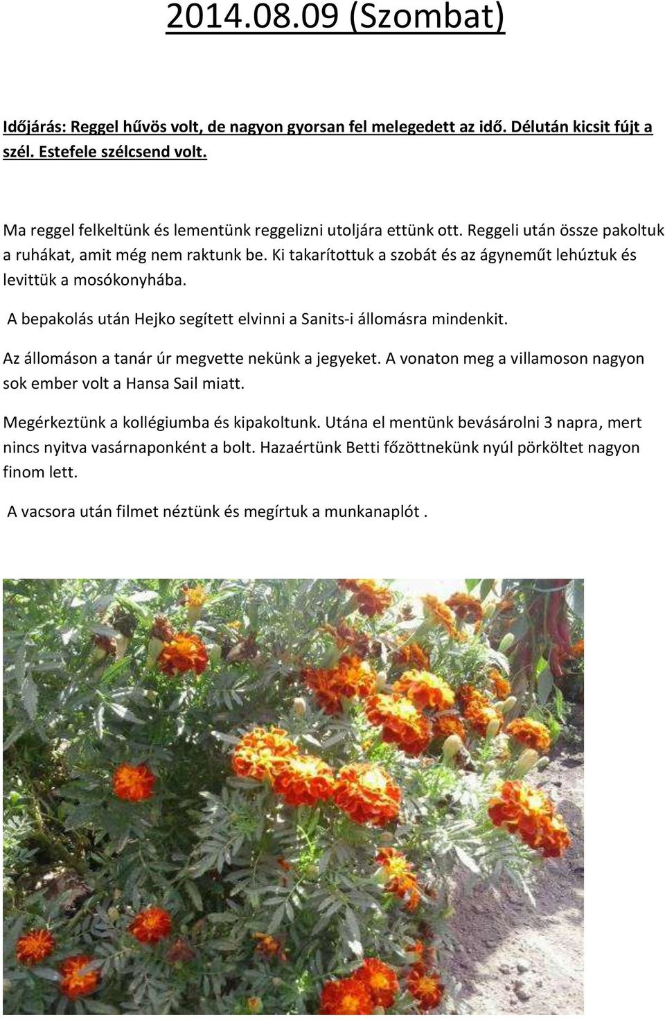 Ki takarítottuk a szobát és az ágyneműt lehúztuk és levittük a mosókonyhába. A bepakolás után Hejko segített elvinni a Sanits-i állomásra mindenkit.