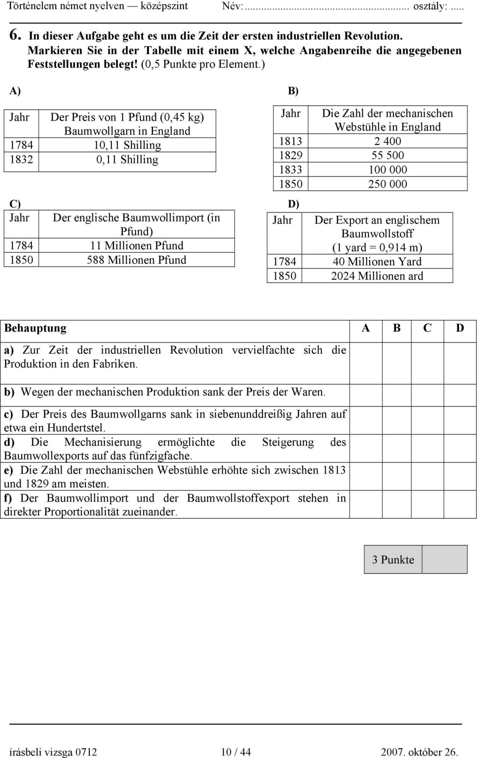 ) A) B) Jahr Der Preis von 1 Pfund (0,45 kg) Baumwollgarn in England 1784 10,11 Shilling 1832 0,11 Shilling C) D) Jahr Der englische Baumwollimport (in Pfund) Jahr 1784 11 Millionen Pfund 1850 588