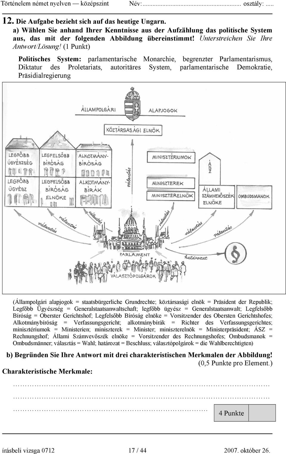 (1 Punkt) Politisches System: parlamentarische Monarchie, begrenzter Parlamentarismus, Diktatur des Proletariats, autoritäres System, parlamentarische Demokratie, Präsidialregierung (Állampolgári