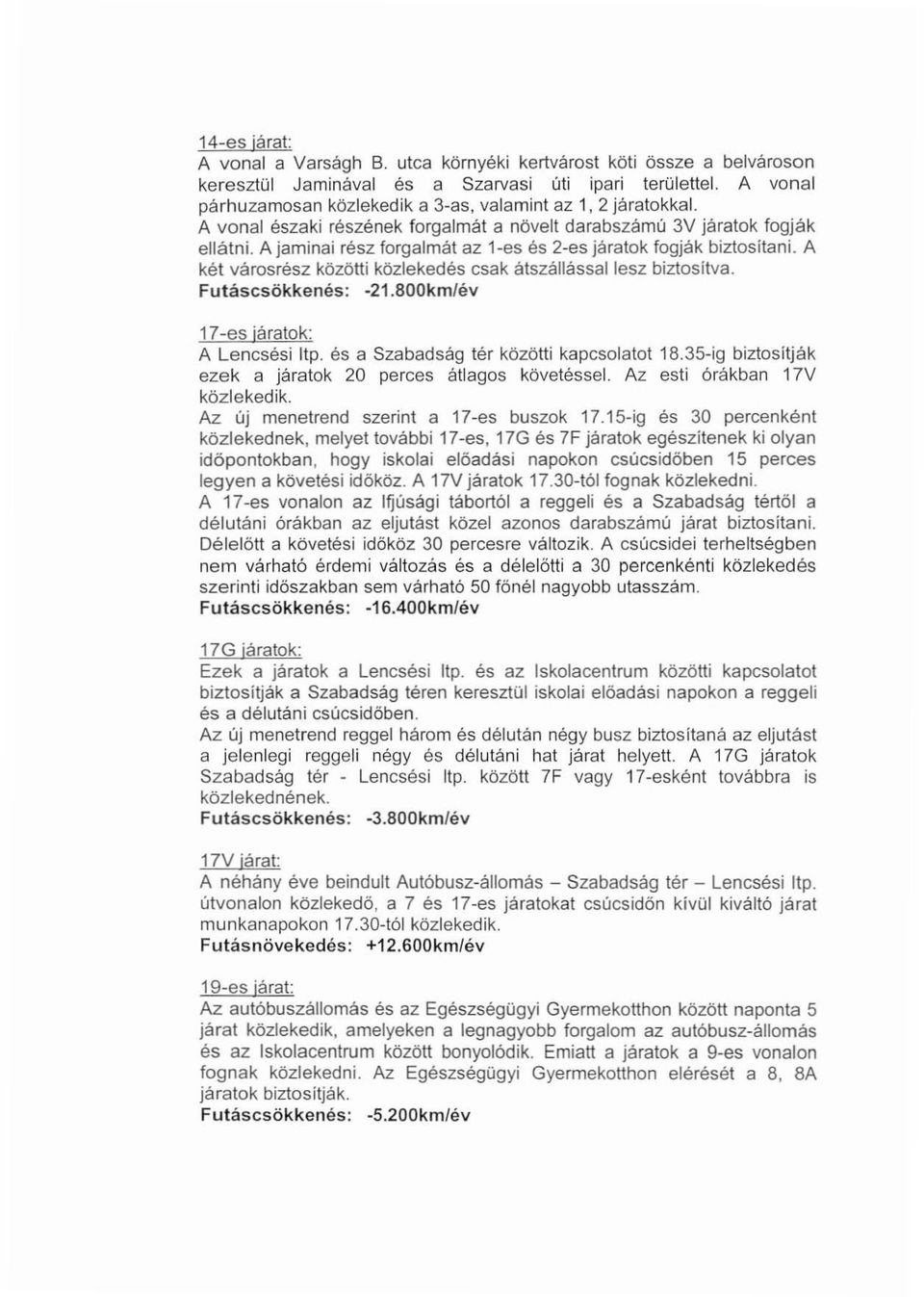 A jaminai rész forgaimát az 1-es és 2-es járatok fogják biztositani. A két városrész közötti közlekedés csak átszállássallesz biztositva. Futáscsökkenés: -21.800kmfév 17-es járatok: A Lencsési ltp.