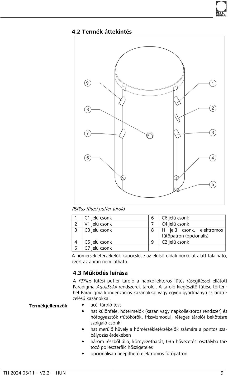 3 Működés leírása A PSPlus fűtési puffer tároló a napkollektoros fűtés rásegítéssel ellátott Paradigma AquaSola rendszerek tárolói.