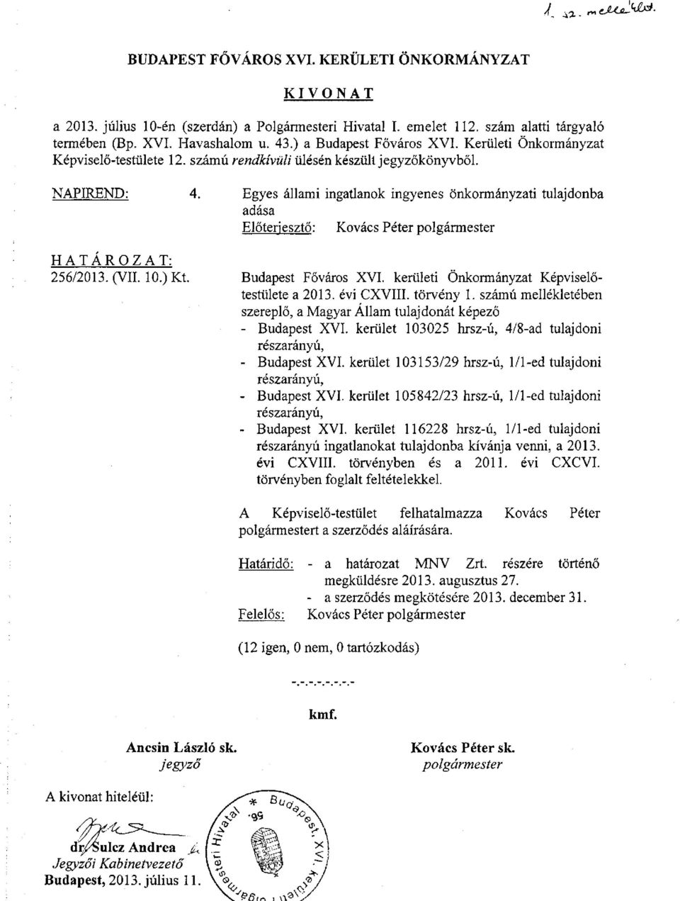 NAPIREND: Egyes állami ingatlanok ingyenes önkormányzati tulajdonba adása Előterjesztő: Kovács Péter polgármester HATÁROZAT: 256/2013. (VII. 10.) Kt. Budapest Főváros XVI.