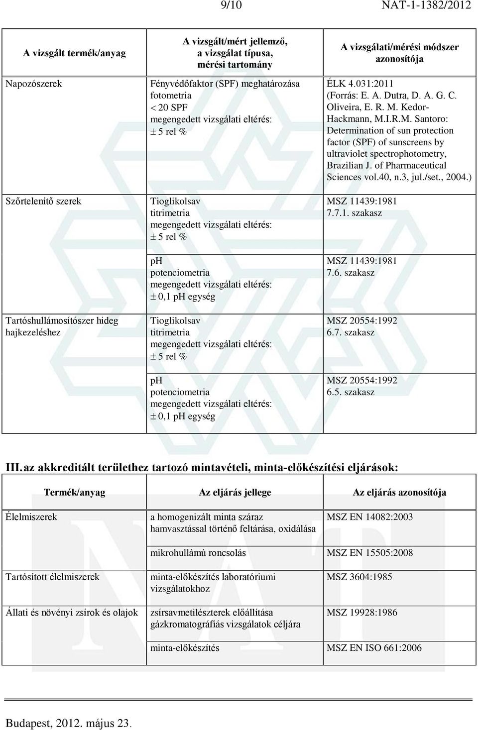 of Pharmaceutical Sciences vol.40, n.3, jul./set., 2004.) MSZ 11439:1981 7.7.1. szakasz MSZ 11439:1981 7.6. szakasz MSZ 20554:1992 6.7. szakasz MSZ 20554:1992 6.5. szakasz III.