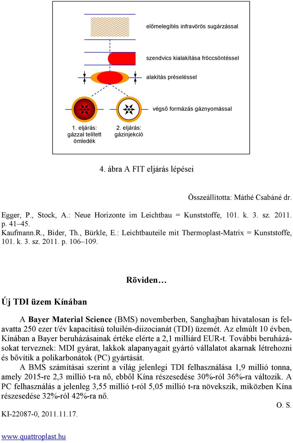 : Leichtbauteile mit Thermoplast-Matrix = Kunststoffe, 101. k. 3. sz. 2011. p. 106 109.