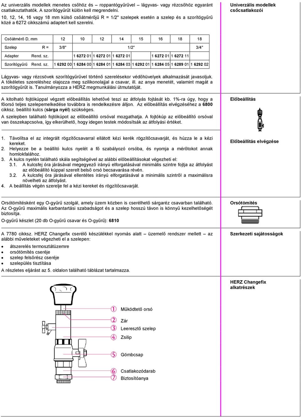 Univerzális modellek csőcsatlakozói Csőátmérő D, mm 12 10 12 14 15 16 18 18 Szelep R = 3/8" 1/2" 3/4" Adapter Rend. sz.