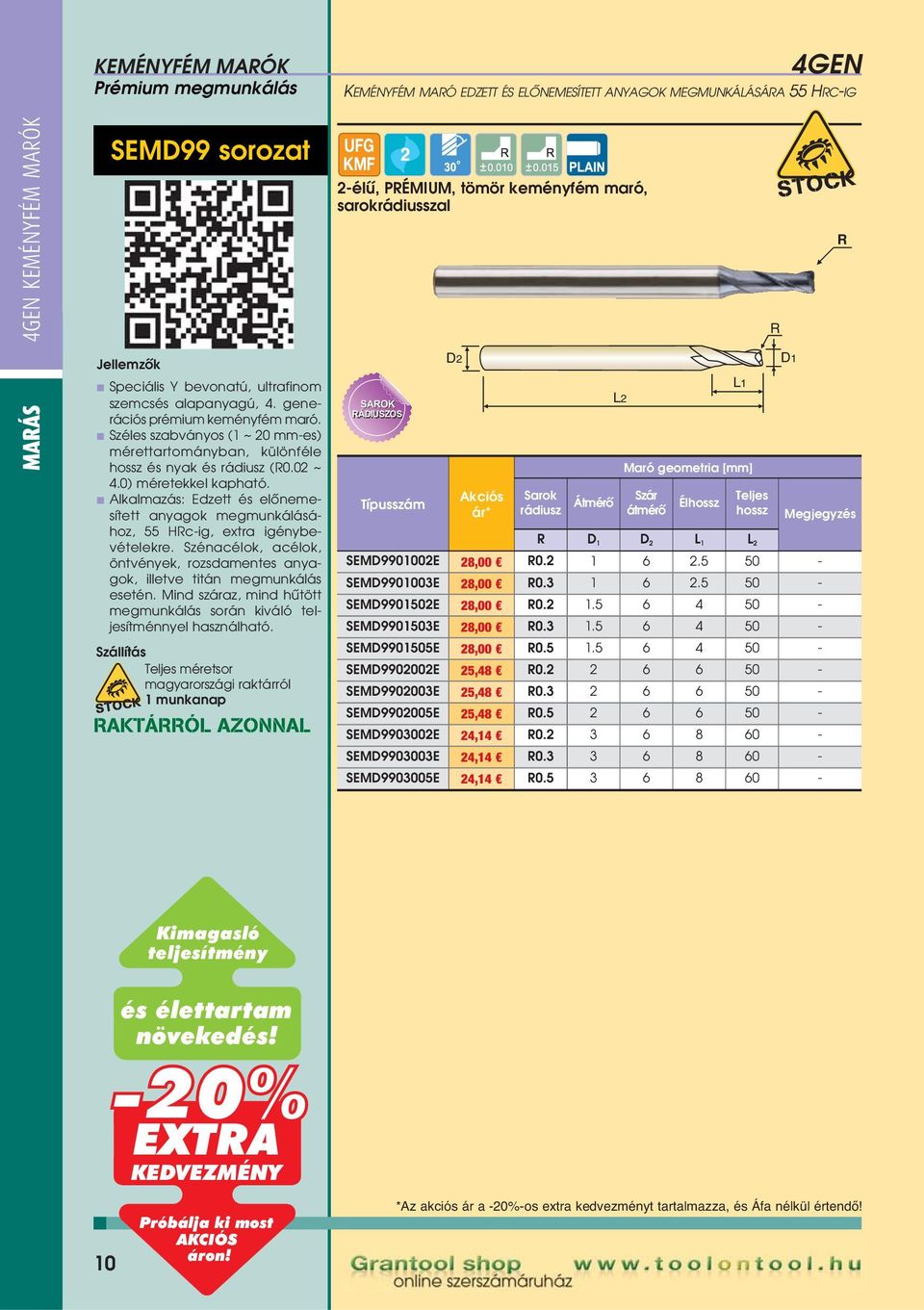 AKTÁÓL AZONNAL 2-élû, PÉMIUM, tömör keményfém maró, sarokrádiusszal SAOK ÁDIUSZOS Akciós ár* Sarok rádiusz Átmérô átmérô Él Megjegyzés D 1 D 2 L 1 L 2 SEMD9901002E 28,00 0.2 1 6 2.