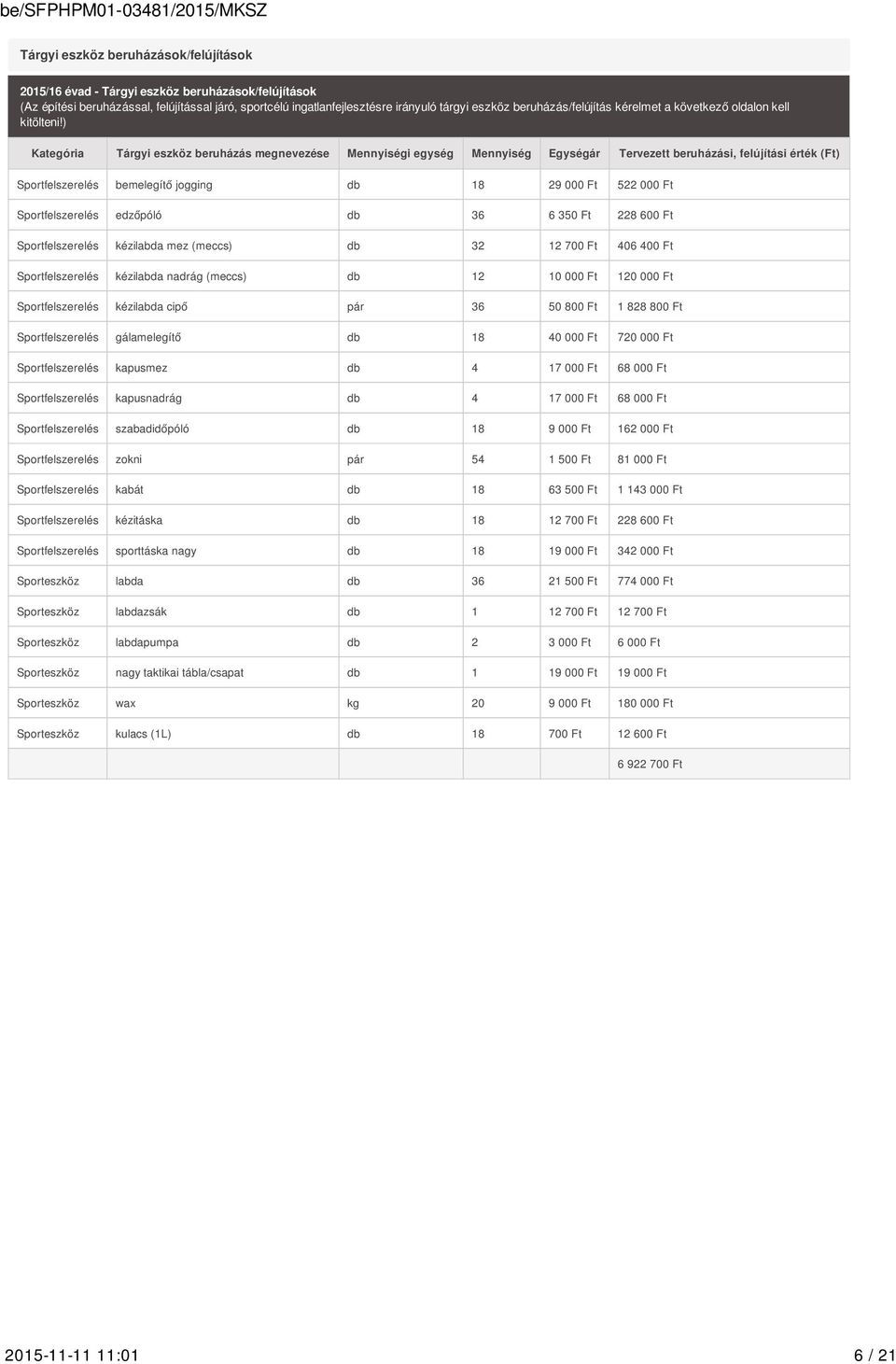 ) Kategória Tárgyi eszköz beruházás megnevezése Mennyiségi egység Mennyiség Egységár Tervezett beruházási, felújítási érték Sportfelszerelés bemelegítő jogging db 18 29 000 Ft 522 000 Ft