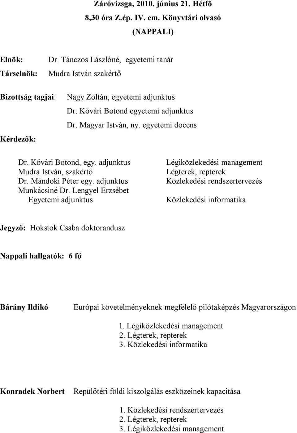 Lengyel Erzsébet Egyetemi adjunktus Légiközlekedési management Légterek, repterek Közlekedési rendszertervezés Közlekedési informatika Jegyző: Hokstok Csaba doktorandusz