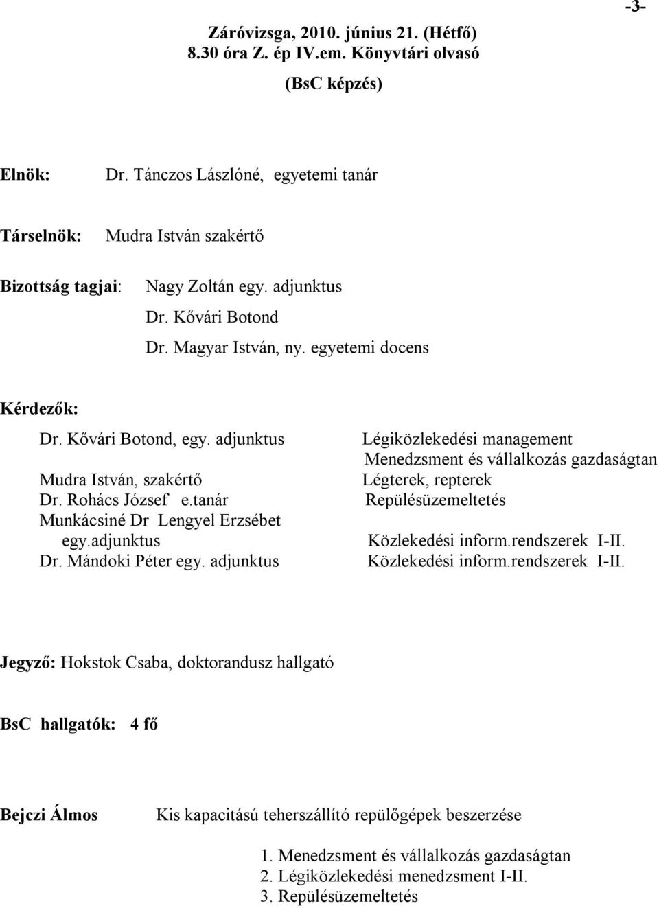 adjunktus Légiközlekedési management Menedzsment és vállalkozás gazdaságtan Légterek, repterek Repülésüzemeltetés Közlekedési inform.rendszerek I-II.