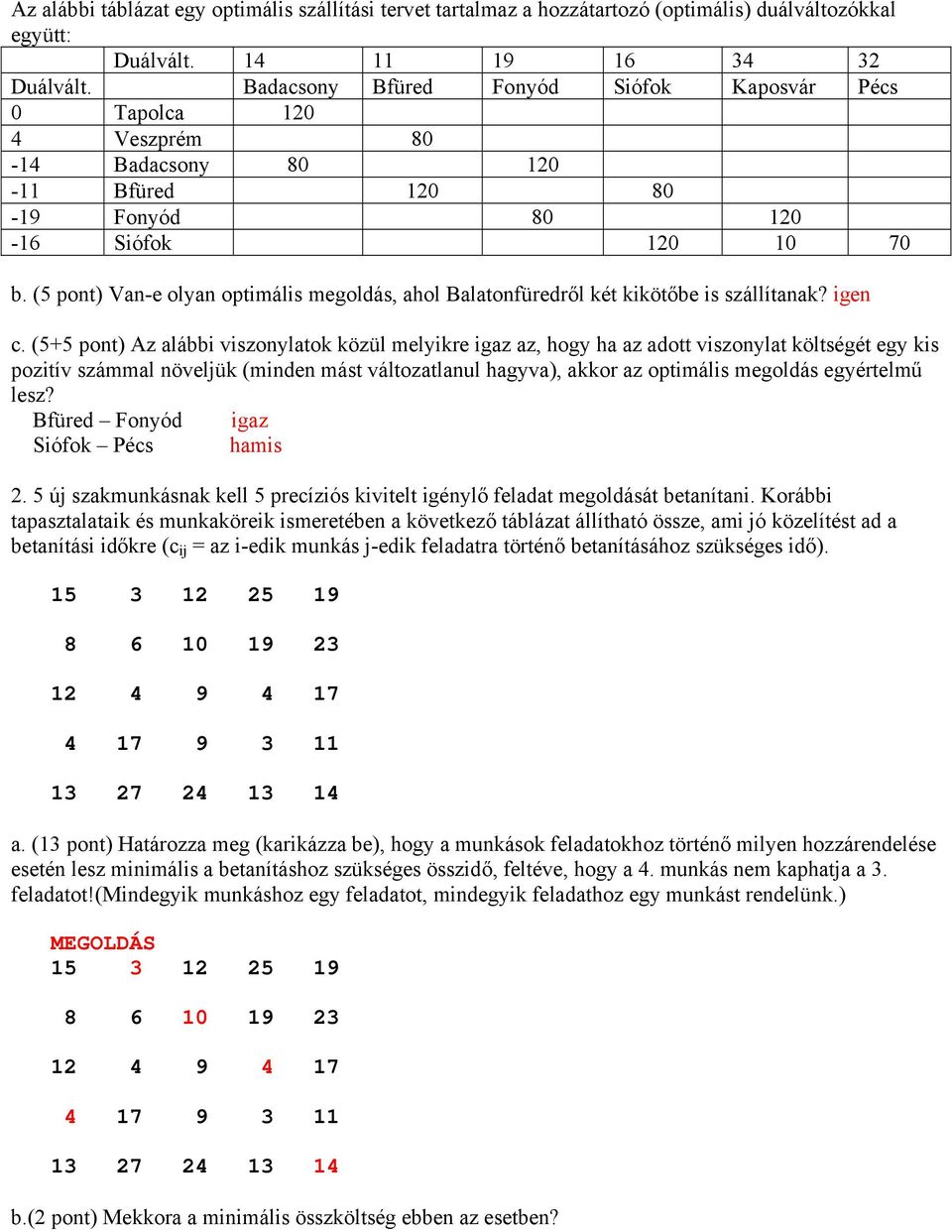 (5 pont) Van-e olyan optimális megoldás, ahol Balatonfüredről két kikötőbe is szállítanak? igen c.