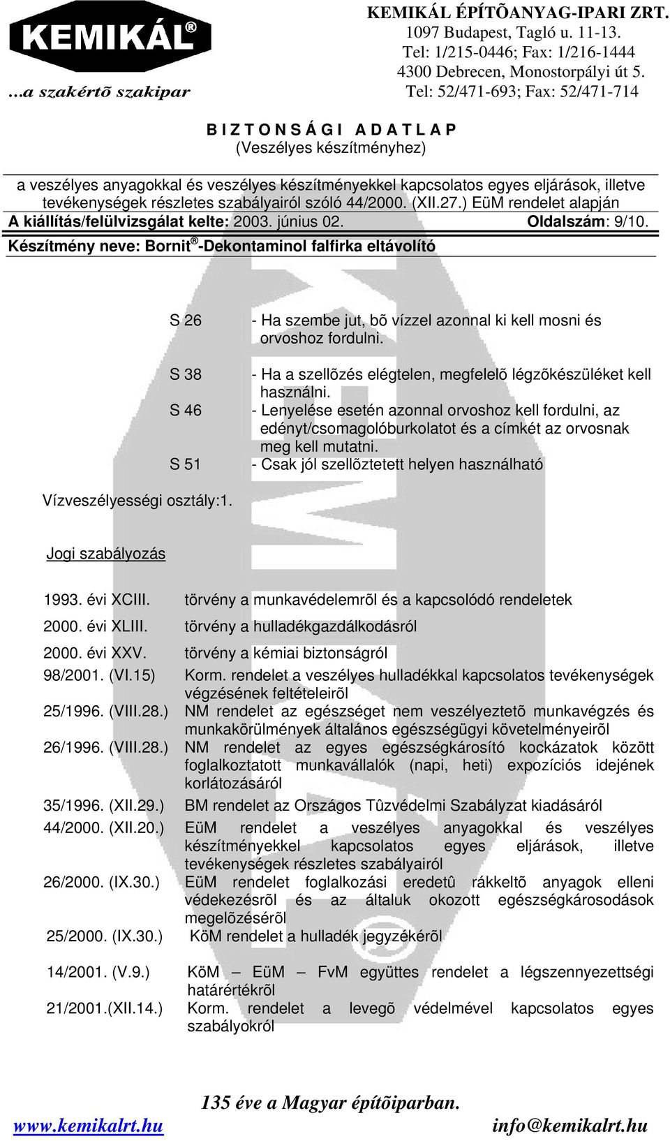 - Csak jól szellõztetett helyen használható Vízveszélyességi osztály:1. Jogi szabályozás 1993. évi XCIII. törvény a munkavédelemrõl és a kapcsolódó rendeletek 2000. évi XLIII.