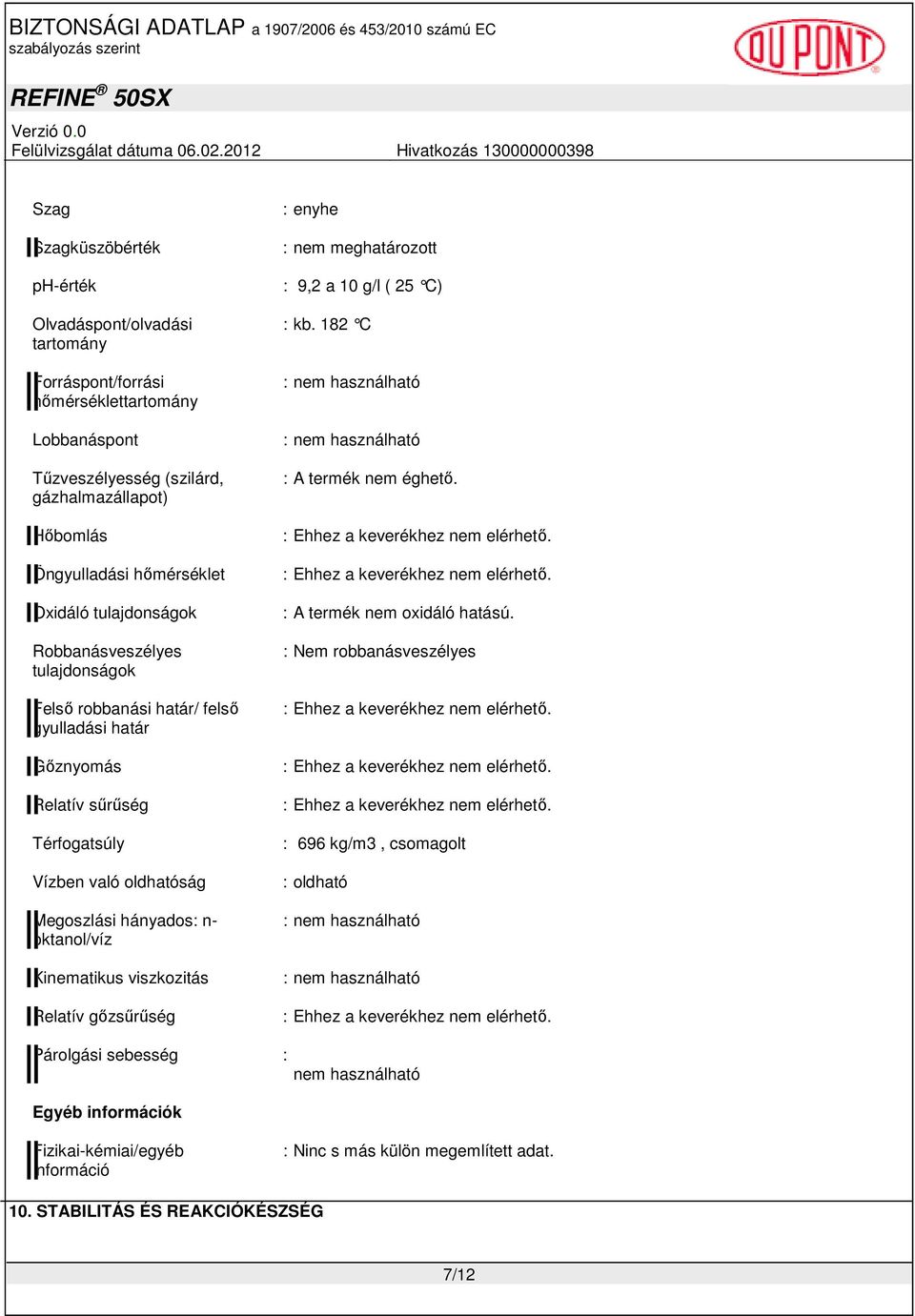 Kinematikus viszkozitás Relatív gızsőrőség : enyhe : nem meghatározott : 9,2 a 10 g/l ( 25 C) : kb. 182 C : nem használható : nem használható : A termék nem éghetı. : Ehhez a keverékhez nem elérhetı.