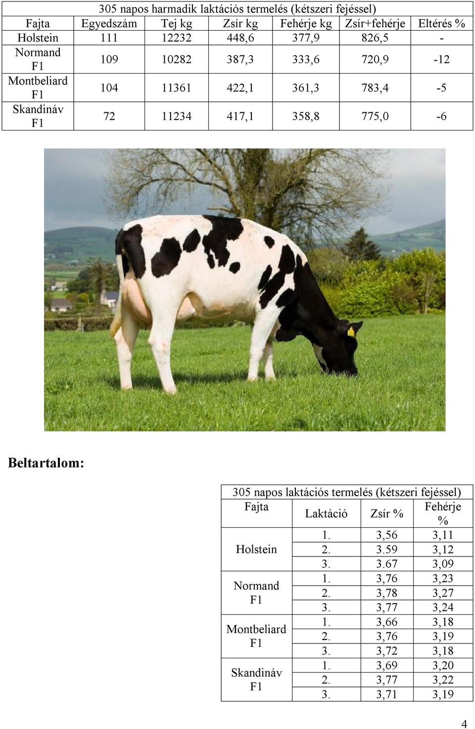 termelés (kétszeri fejéssel) Fajta Fehérje Laktáció Zsír % % 1. 3,56 3,11 Holstein 2. 3.59 3,12 3. 3.67 3,09 1.