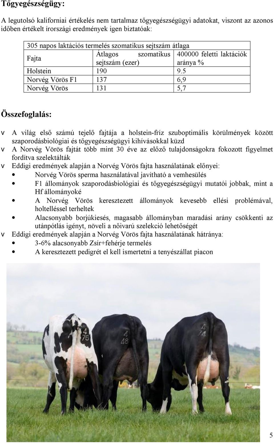5 Norvég Vörös 137 6,9 Norvég Vörös 131 5,7 Összefoglalás: v A világ első számú tejelő fajtája a holstein-fríz szuboptimális körülmények között szaporodásbiológiai és tőgyegészségügyi kihívásokkal
