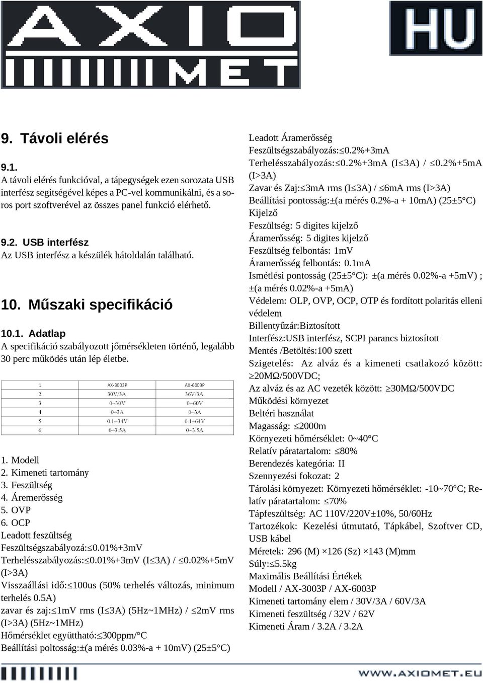 Kimeneti tartomány 3. Feszültség 4. Áremerősség 5. OVP 6. OCP Leadott feszültség Feszültségszabályozá: 0.01%+3mV Terhelésszabályozás: 0.01%+3mV (I 3A) / 0.