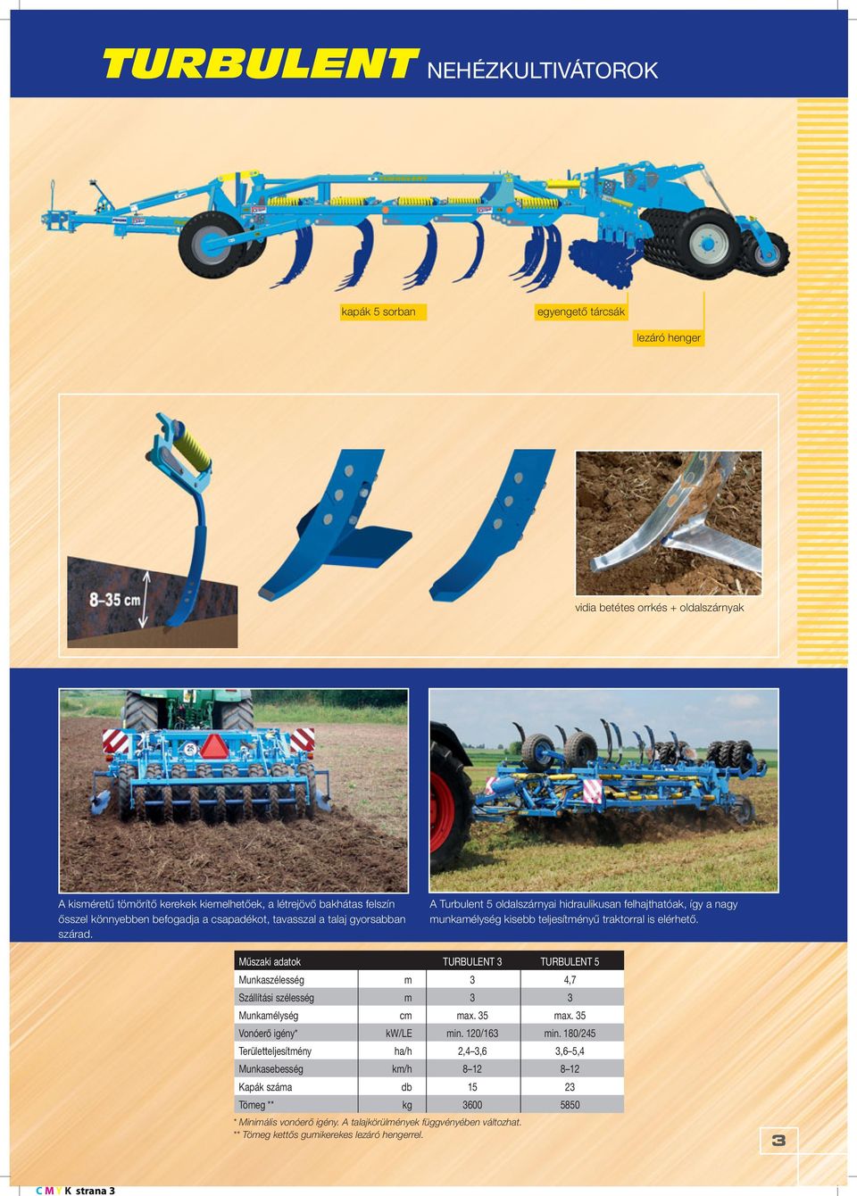 A Turbulent 5 oldalszárnyai hidraulikusan felhajthatóak, így a nagy munkamélység kisebb teljesítményű traktorral is elérhető.