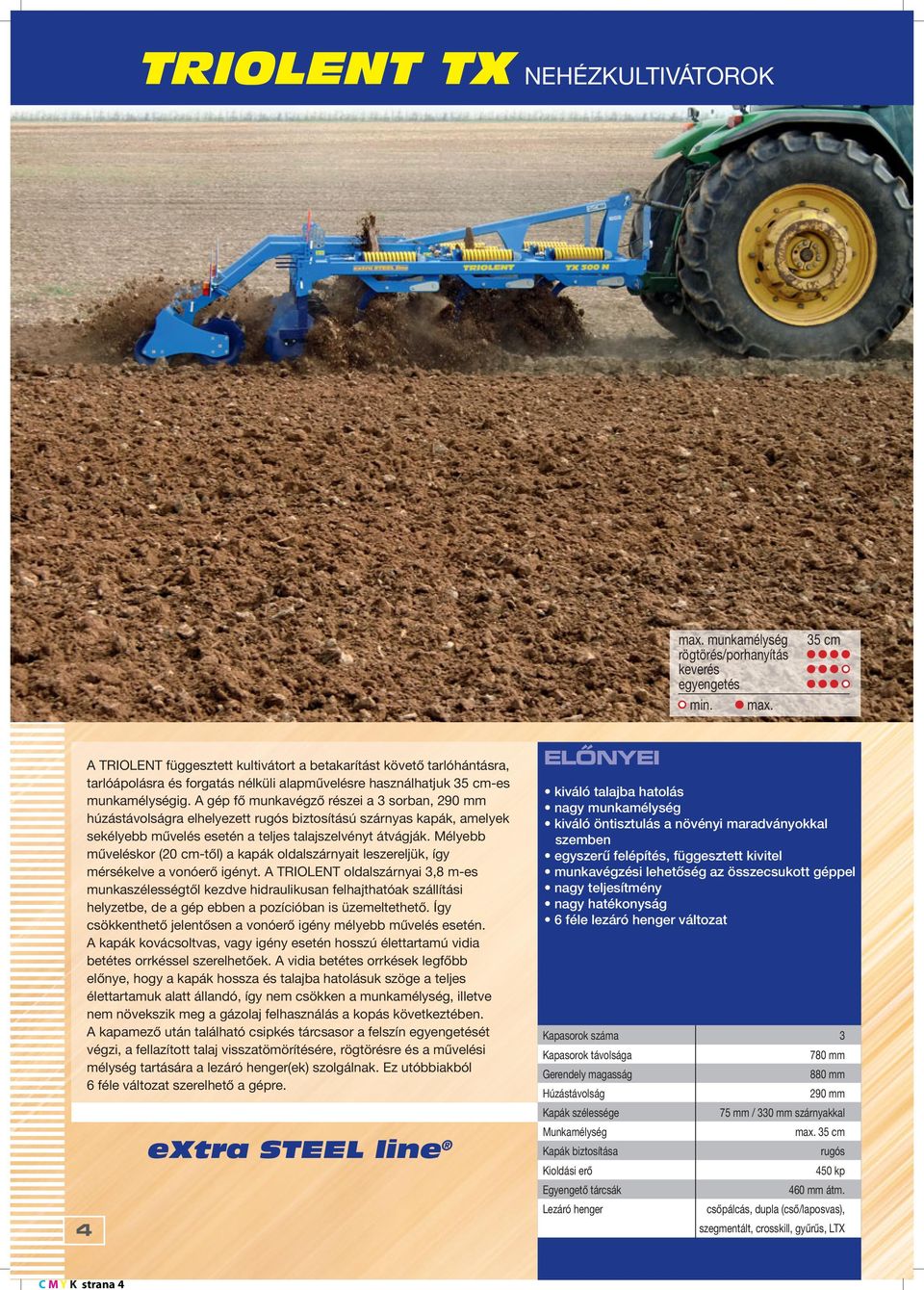 35 cm A TRIOLENT függesztett kultivátort a betakarítást követő tarlóhántásra, tarlóápolásra és forgatás nélküli alapművelésre használhatjuk 35 cm-es munkamélységig.