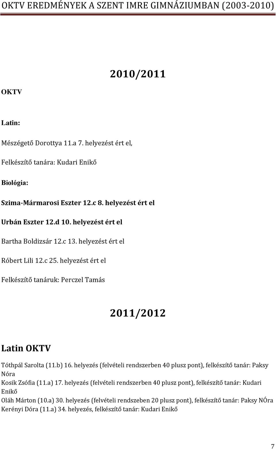 helyezést ért el Felkészítő tanáruk: Perczel Tamás 2011/2012 Latin Tóthpál Sarolta (11.b) 16.