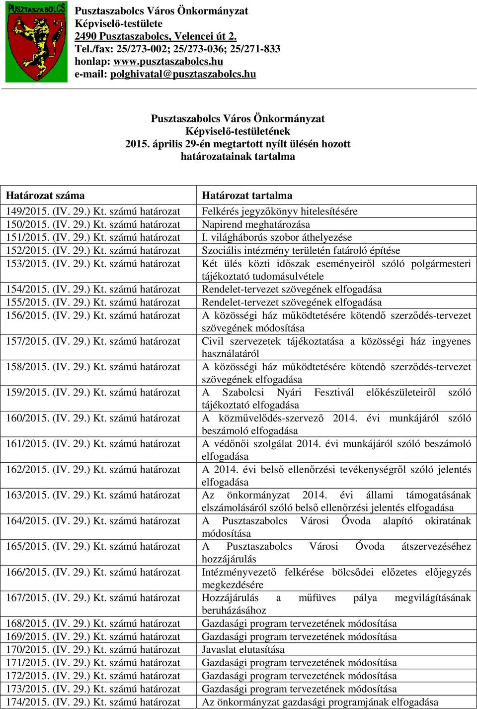 számú határozat Felkérés jegyzőkönyv hitelesítésére 150/2015. (IV. 29.) Kt. számú határozat Napirend meghatározása 151/2015. (IV. 29.) Kt. számú határozat I. világháborús szobor áthelyezése 152/2015.