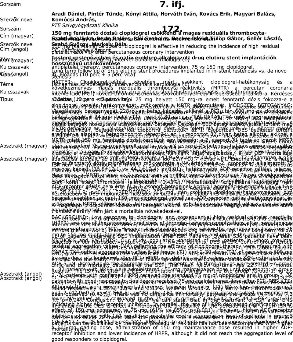 Fülöp Gábor, Gellér László, 150 Szabó mg György, maintainance Merkely dose Béla of clopidogrel is effective in reducing the incidence of high residual platelet SE, Kardiológiai reactivity Központ