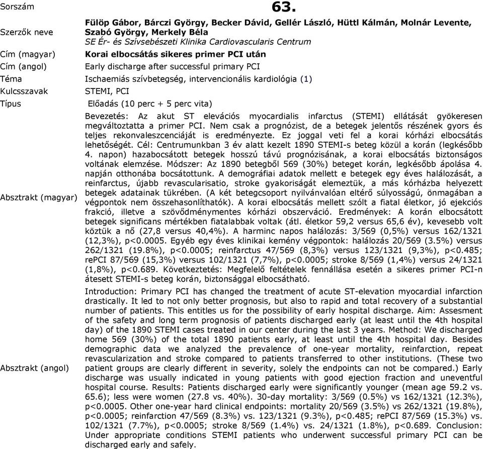 primer PCI után Early discharge after successful primary PCI STEMI, PCI Bevezetés: Az akut ST elevációs myocardialis infarctus (STEMI) ellátását gyökeresen megváltoztatta a primer PCI.