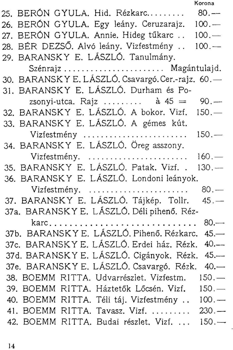 BARANSKY E. LÁSZLÓ. A gémes kút. Vizfestmény 150. 34. BARANSKY E. LÁSZLÓ. Öreg asszony. Vizfestmény 160. 35. BARANSKY E. LÁSZLÓ. Patak. Vizf.. 130. 36. BARANSKY E. LÁSZLÓ. Londoni leányok.