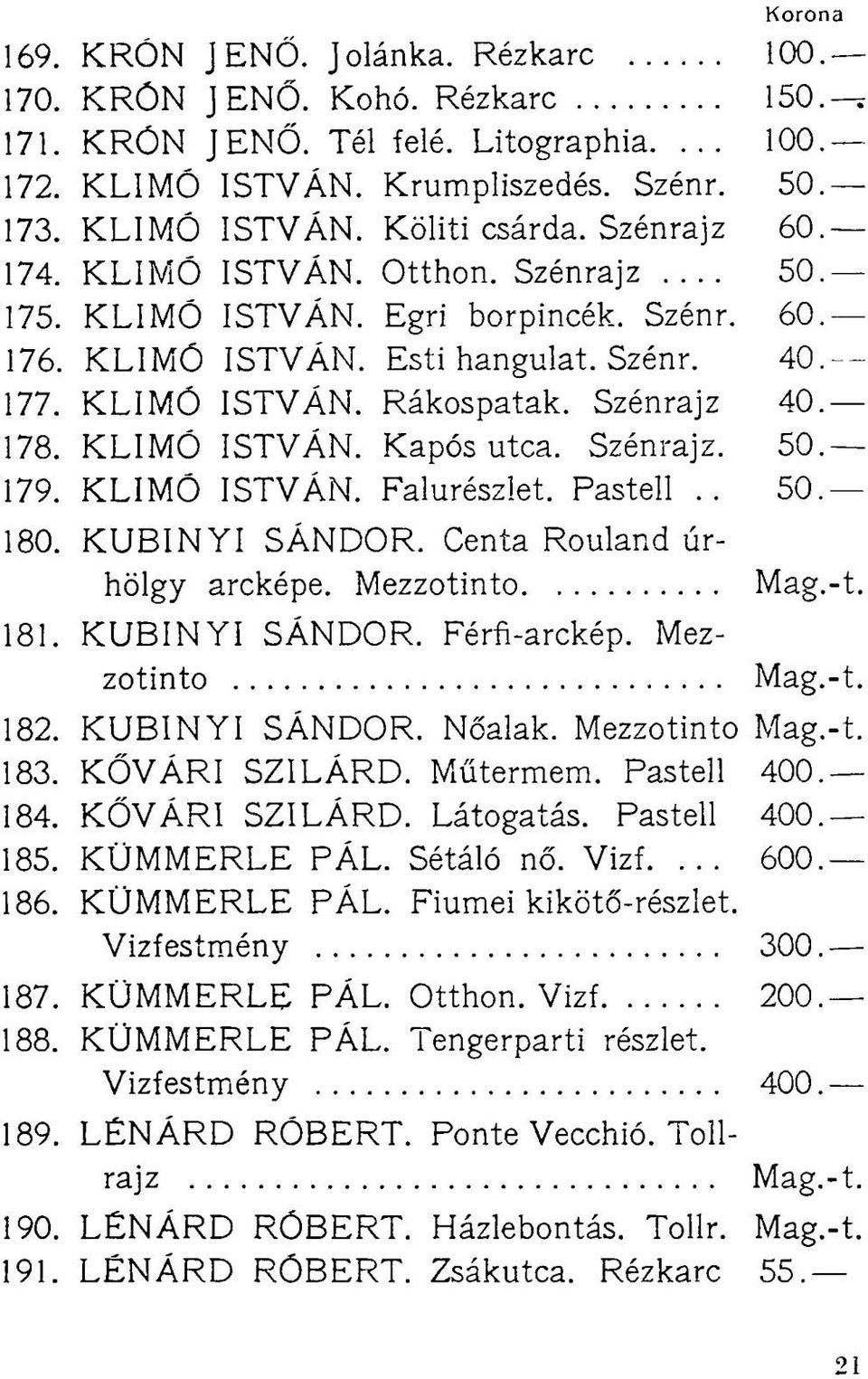 KLIMÓ ISTVÁN. Kapós utca. Szénrajz. 50. 179. KLIMÓ ISTVÁN. Falurészlet. Pastell.. 50.- 180. KUBINYI SÁNDOR. Centa Rouland úrhölgy arcképe. Mezzotinto 181. KUBINYI SÁNDOR. Férfi-arckép. Mezzotinto Mag.
