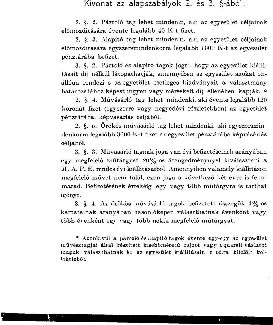 Pártoló és alapitó tagok jogai, hogy az egyesület kiállításait dij nélkül látogathatják, amennyiben az egyesület azokat önállóan rendezi s az egyesület esetleges kiadványait a választmány