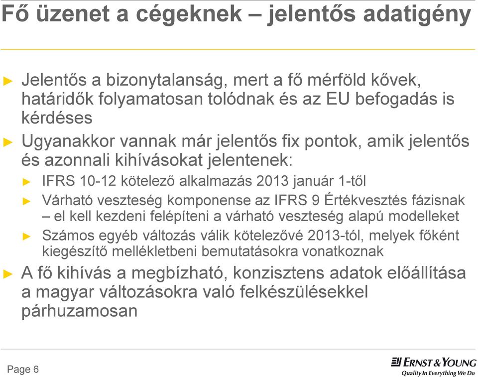 komponense az IFRS 9 Értékvesztés fázisnak el kell kezdeni felépíteni a várható veszteség alapú modelleket Számos egyéb változás válik kötelezővé 2013-tól, melyek