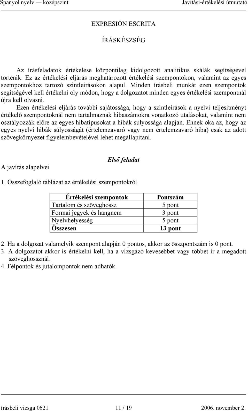 Minden írásbeli munkát ezen szempontok segítségével kell értékelni oly módon, hogy a dolgozatot minden egyes értékelési szempontnál újra kell olvasni.