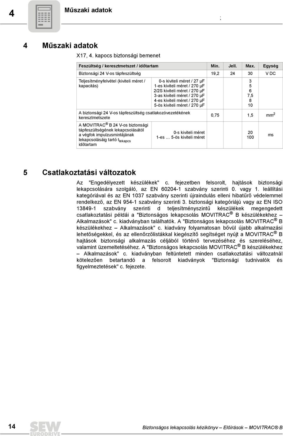 kiviteli méret / 270 µf 4-es kiviteli méret / 270 µf 5-ös kiviteli méret / 270 µf A biztonsági 24 V-os tápfeszültség csatlakozóvezetékének keresztmetszete A MOVITRAC B 24 V-os biztonsági